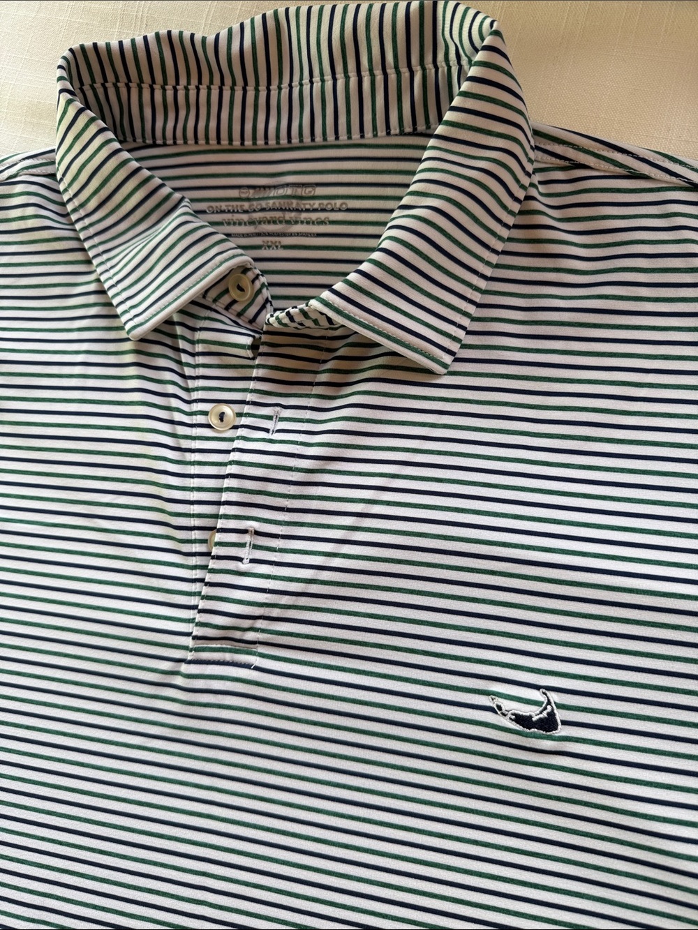 Vineyard Vines White Polo with Green & Navy Stripes